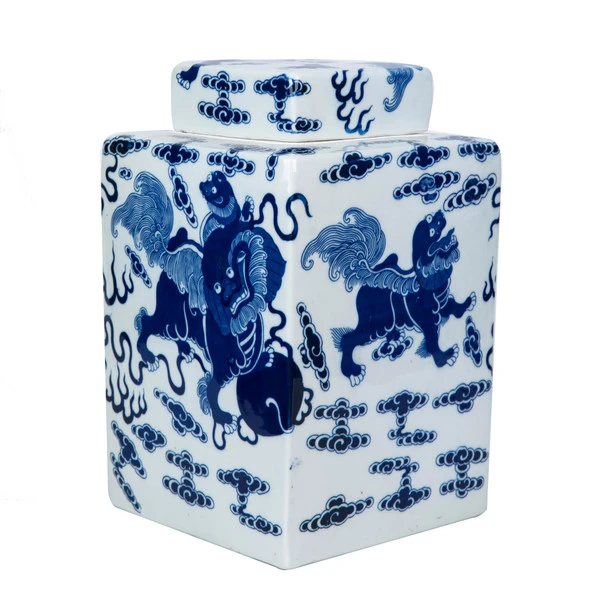 Blue And White Foo Dog Square Porcelain Tea Jar