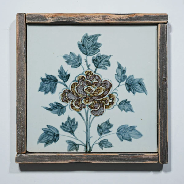Hand Painted Blue & White Brown Porcelain Tile Peony Blossom - Framed /12F02A