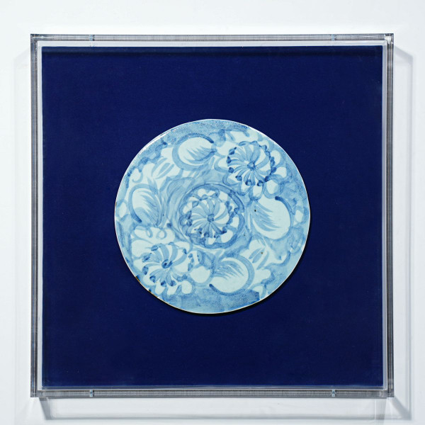 Handpainted Blue & White Porcelain Tile Silla Flower Round - Acrylic Shadow Box /S06