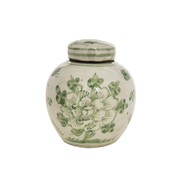 Green & White Porcelain Mini Jar Peony Motif