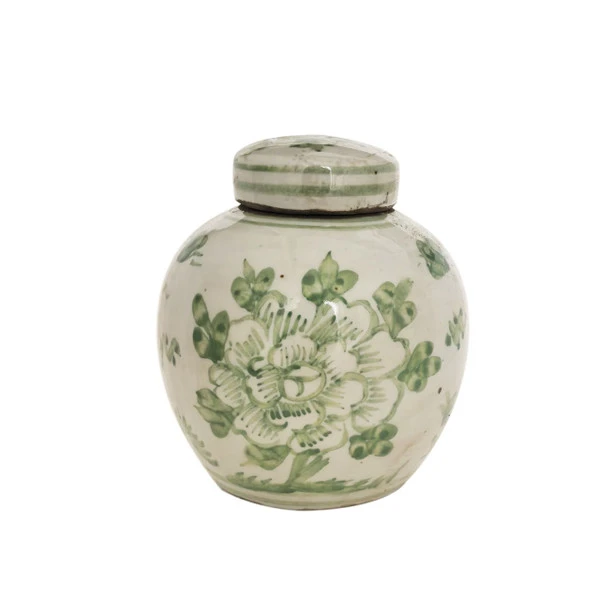Green & White Porcelain Mini Jar Peony Motif