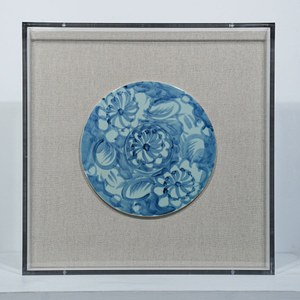 Handpainted Blue & White Porcelain Tile Silla Flower Round - Acrylic Shadow Box /S09