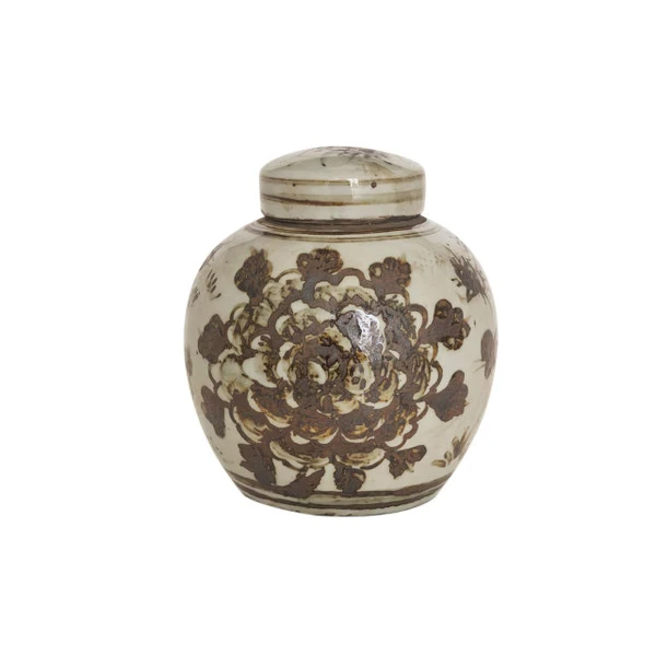 Brown & White Porcelain.. Mini Jar Peony Motif