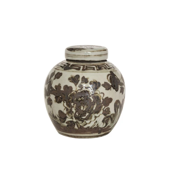 Brown & White Porcelain.. Mini Jar Blooming Rose