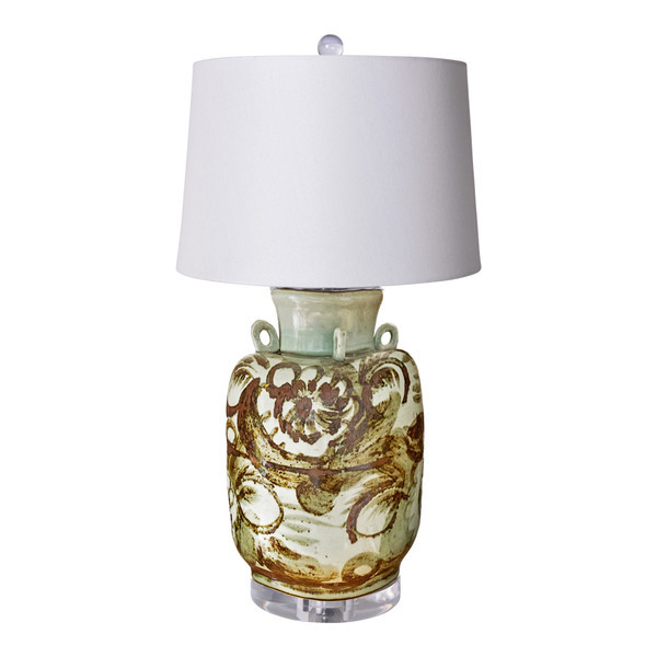 Barclay Butera Couture Rustic Brown Silla Flower Four Loop Handle Porcelain Jar Lamp