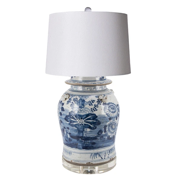 Blue & White Vintage Four Season Plants Porcelain Temple Jar Lamp Acrylic Base 2 Sizes