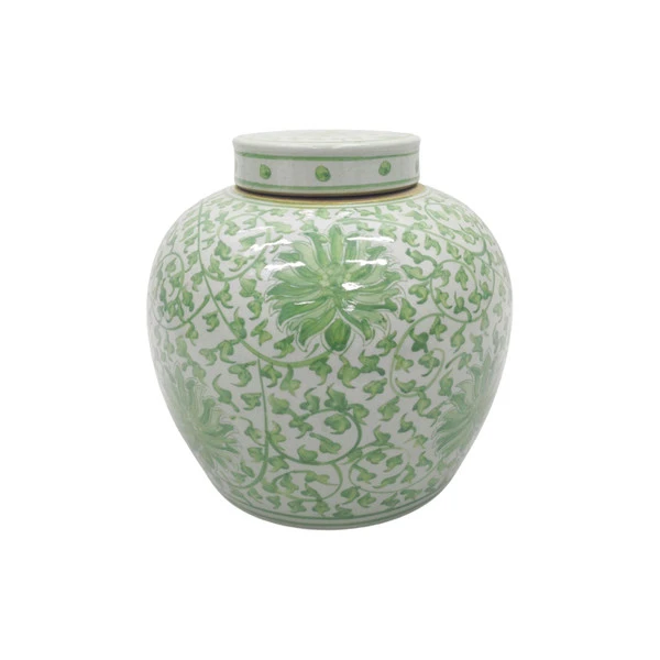 Lillian August Porcelain Ming Jar Sage Green Twisted Lotus Motif