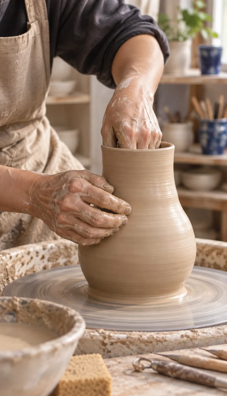 Illustrative scene of hands shaping a clay vessel on a pottery wheel; not a photograph of a Legend of Asia workshop