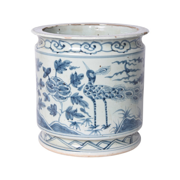 Blue-and-white orchid pot with bird motif