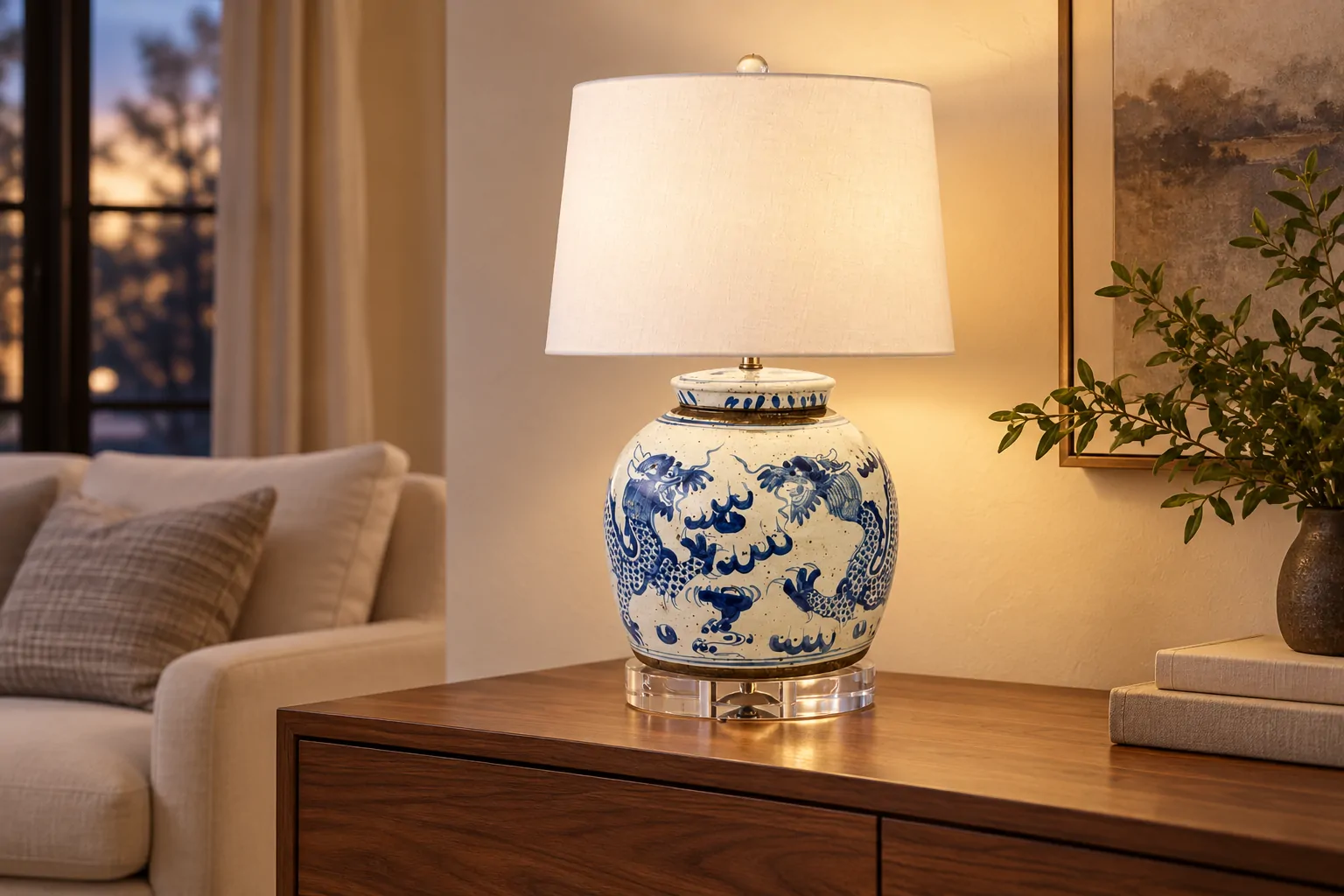 Lit blue-and-white porcelain-base table lamp on a walnut console