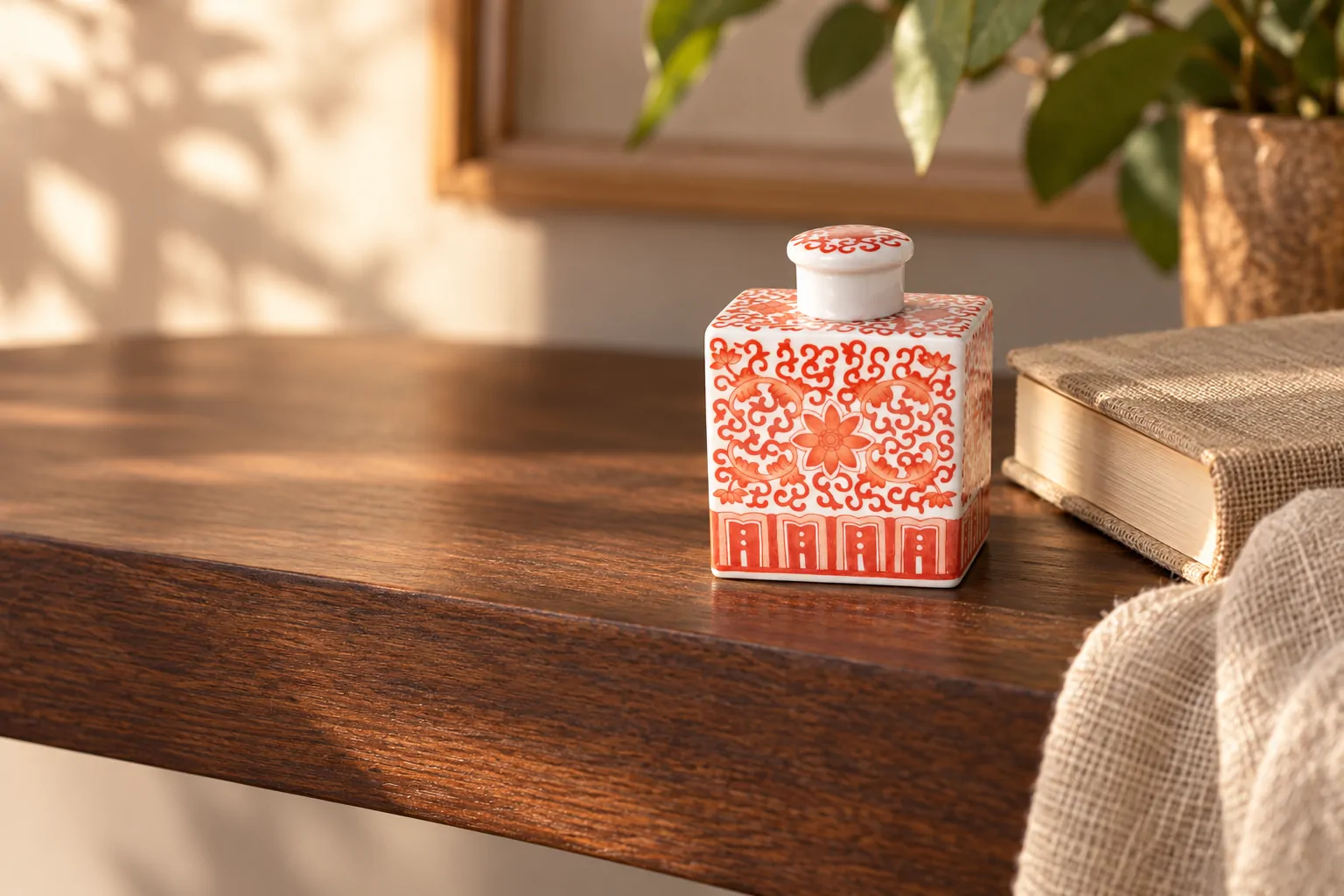 Coral-red miniature porcelain jar on a walnut shelf beside a book