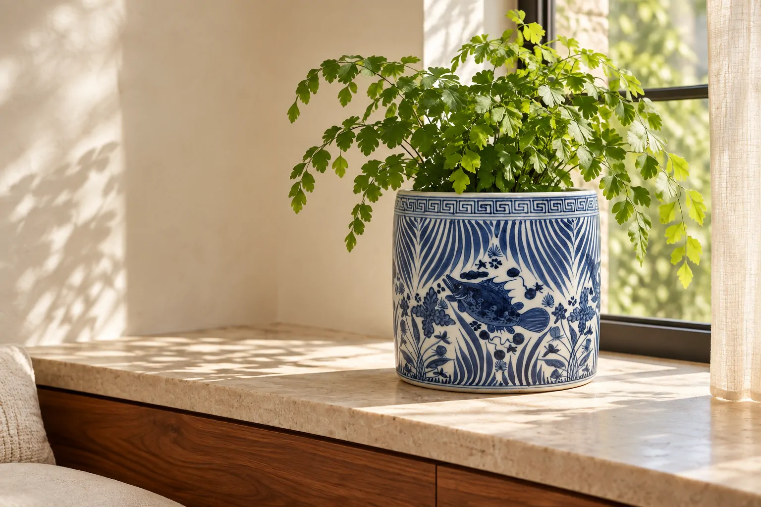 Blue-and-white fish-motif porcelain planter with greenery by a sunny window