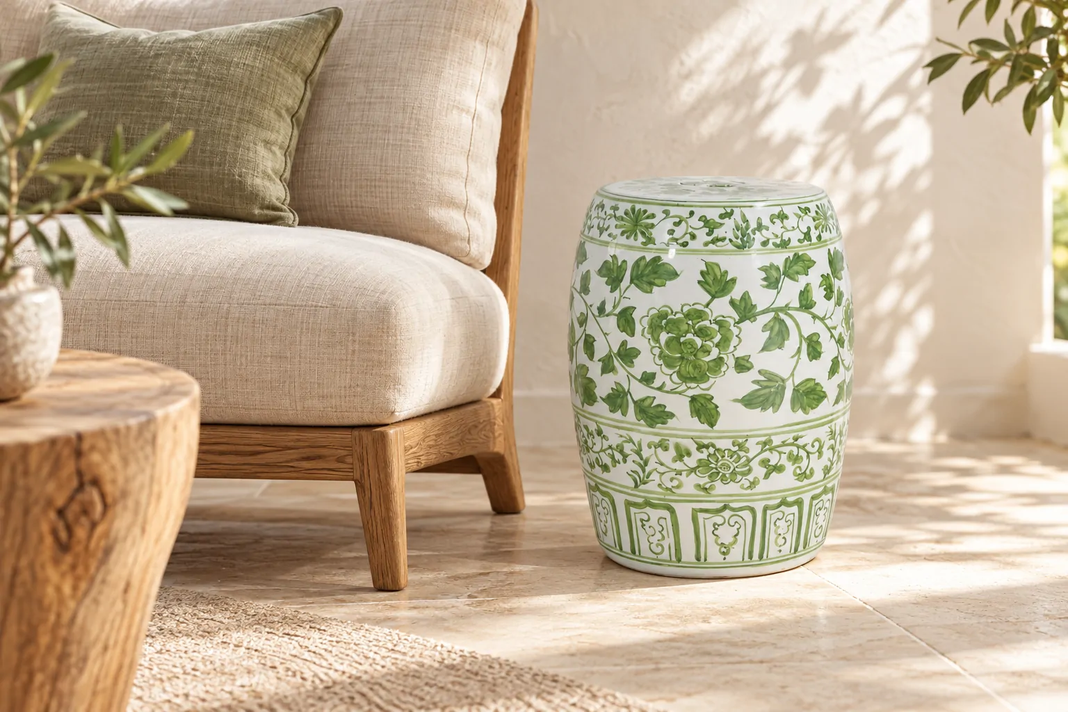 Green peony porcelain garden stool beside a linen chair