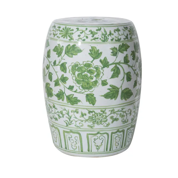 Green peony porcelain garden stool with a rounded silhouette