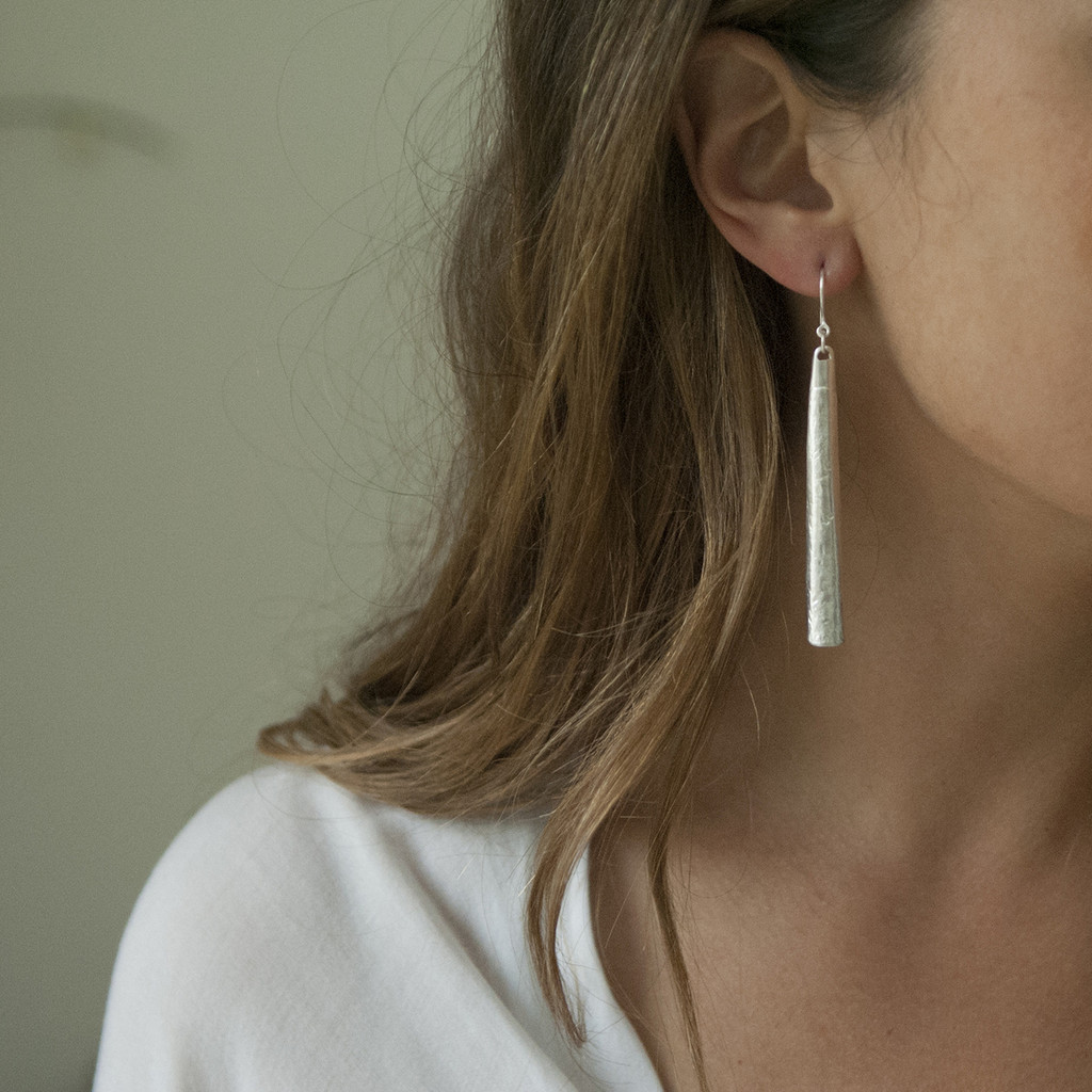Textured silver long drop earrings with sterling silver posts