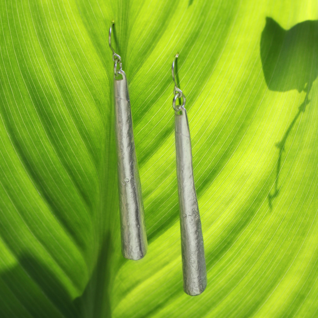 Textured silver long drop earrings with sterling silver posts