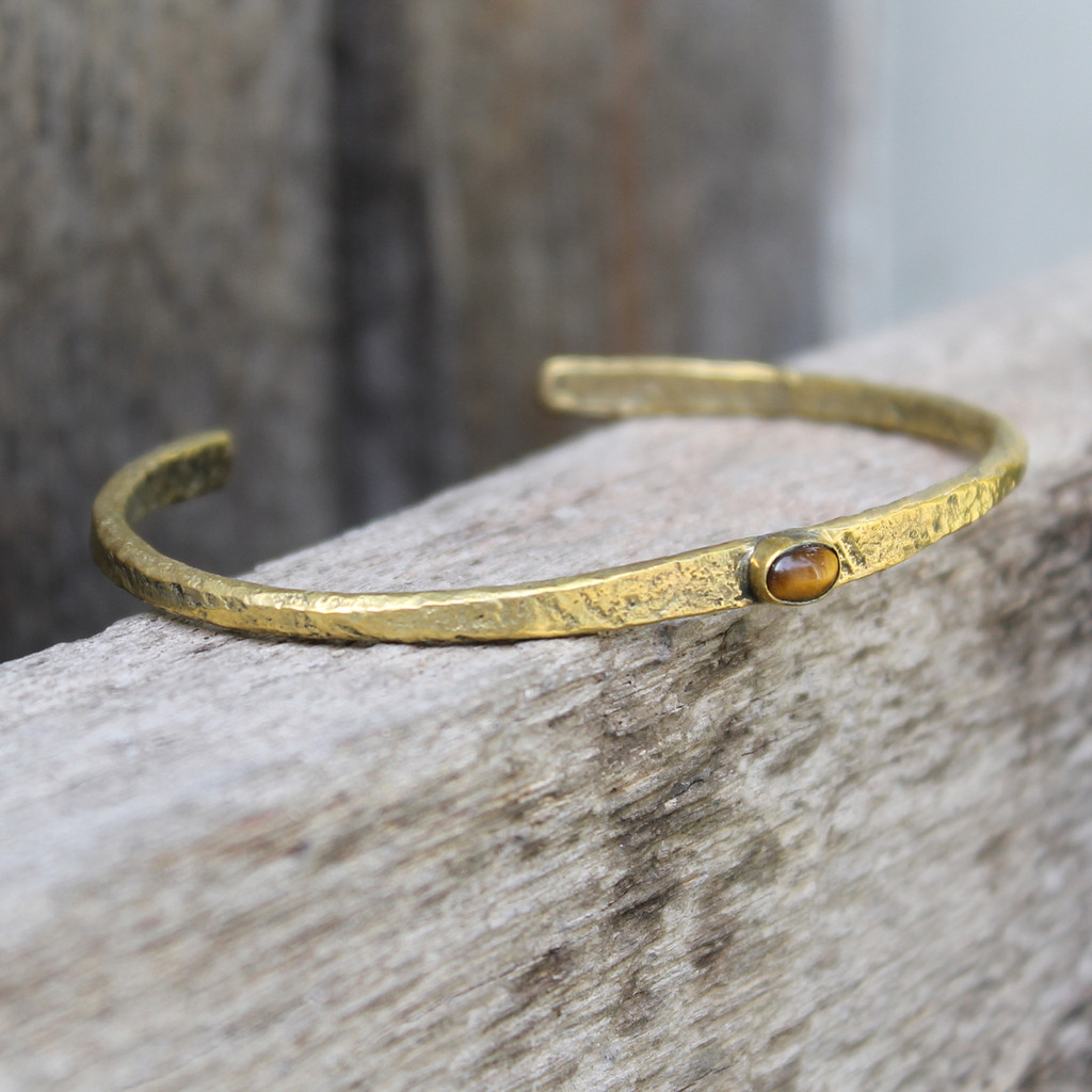 Brass thin cuff with tiger's eye inset stone