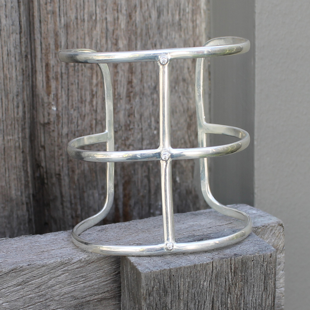 adjustable silver statement bracelet with white stones