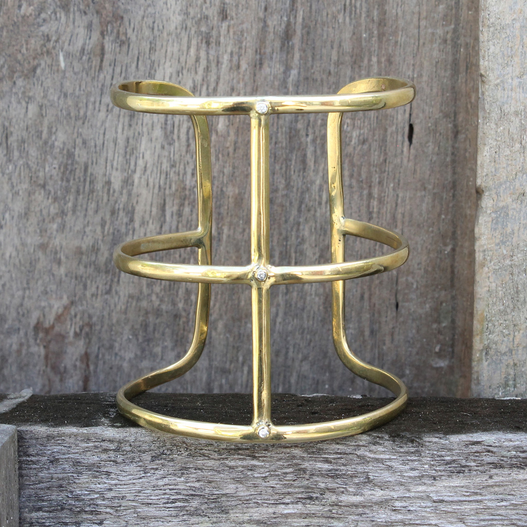 adjustable brass statement bracelet with white stones