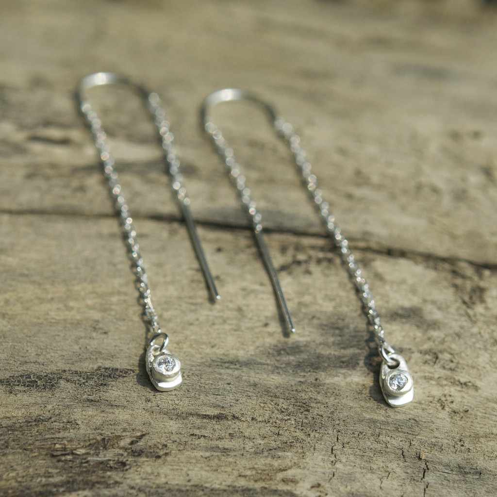 delicate sterling silver chain threader earrings with white stone detail
