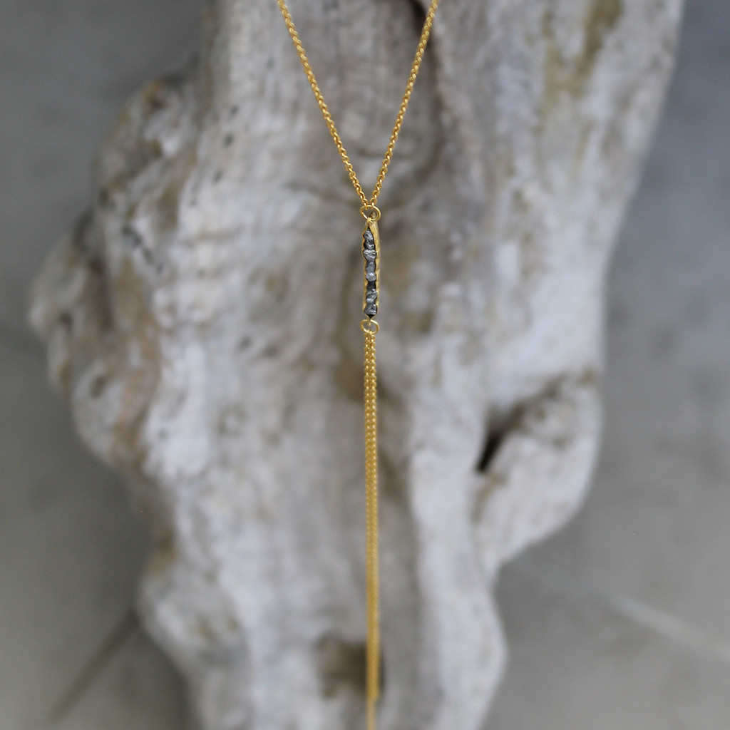 delicate gold filled chain lariat necklace with raw diamond detailing