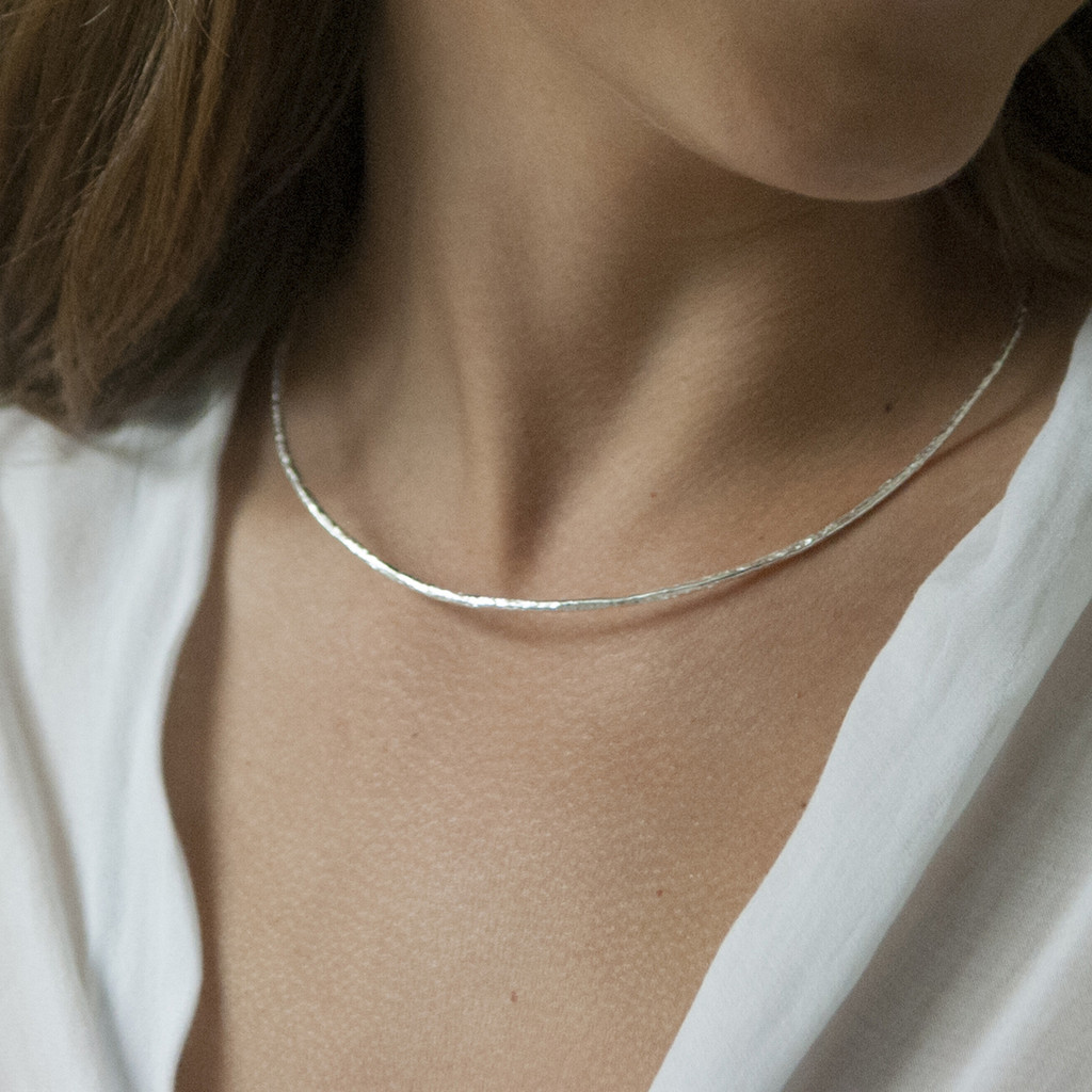 minimalist delicate silver plated brass collar necklace with hinged closure