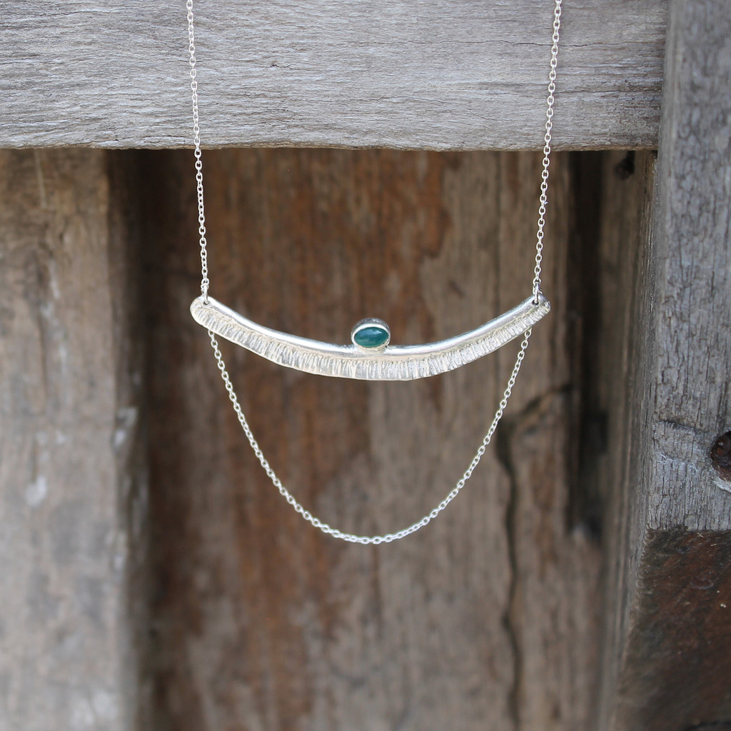 Textured bar with green agate stone detailing and multi-length sterling silver chain