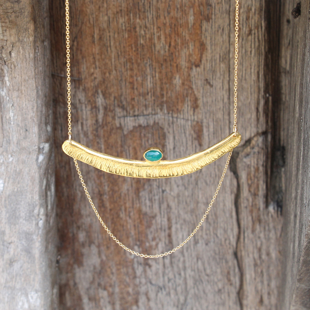 Textured bar with green agate stone detailing and multi-length gold-filled chain