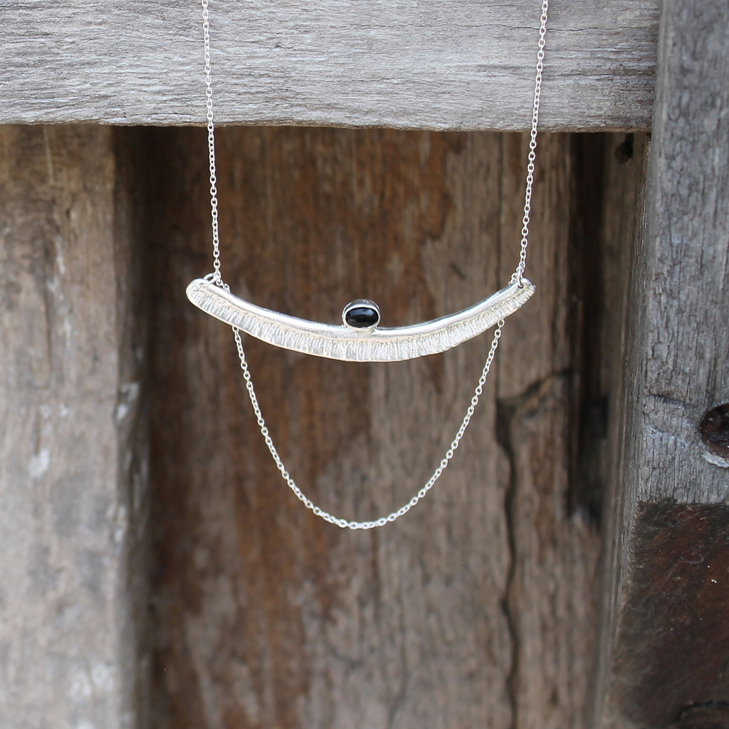 Textured bar with black onyx stone detailing and multi-length sterling silver chain
