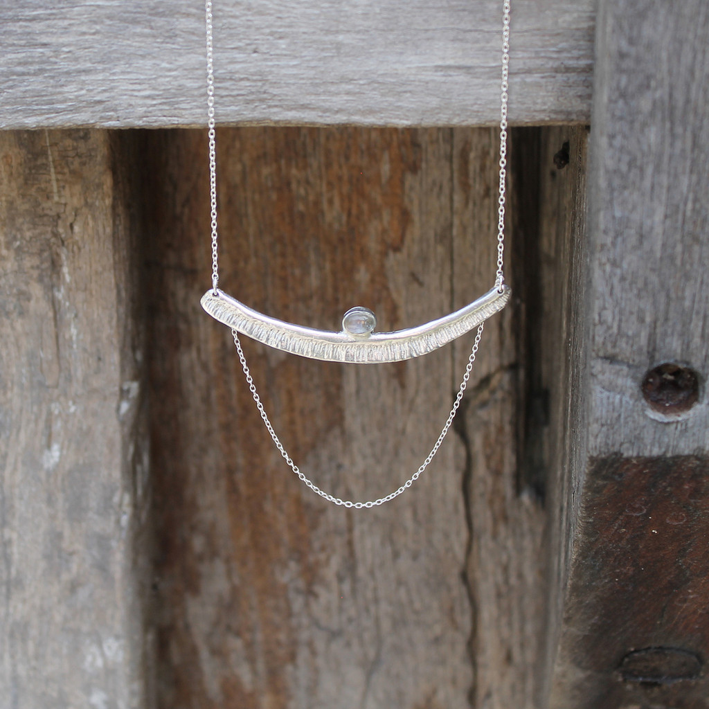 Textured bar with moonstone detailing and multi-length sterling silver chain