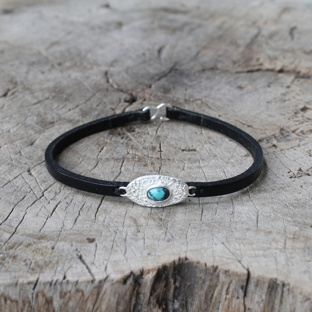 black leather bracelet with silver and turquoise detailing