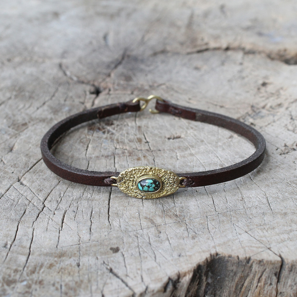 chocolate leather bracelet with brass and turquoise detailing