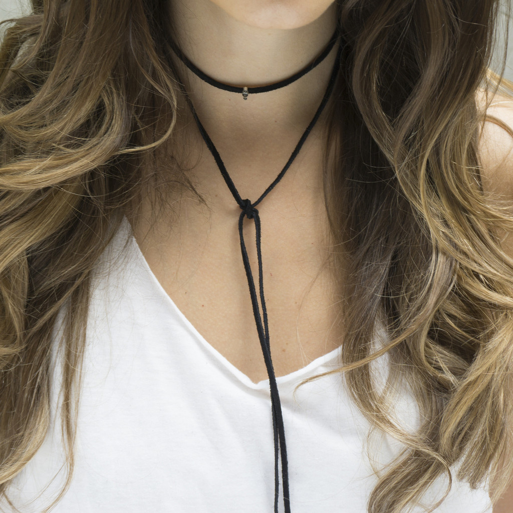 black leather wrap necklace with silver and smoky quartz detail