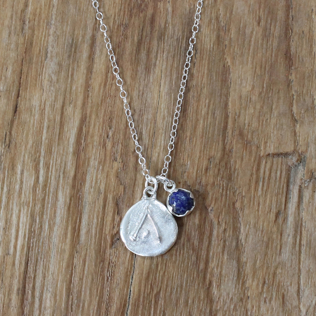 silver 'protect' charm necklace with lapis lazuli stone detail