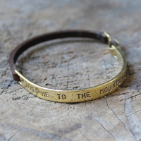 Inspirational leather and brass bracelet "take me to the mountains"
