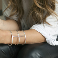 adjustable silver statement bracelet with white stones
