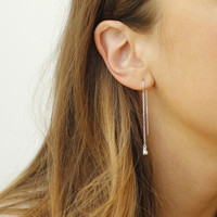 delicate sterling silver chain threader earrings with white stone detail