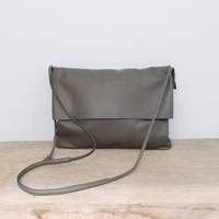 grey genuine leather fold over crossbody bag with minimalist adjustable strap