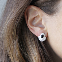 silver plated brass textured studs with a bold bezel and black onyx stone detail