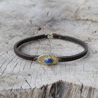 chocolate leather bracelet with brass and lapis lazuli detailing
