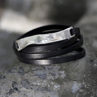 Thin black leather multi wrap bracelet with silver wavy detail