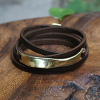 Thin chocolate brown leather multi wrap bracelet with brass wavy detail