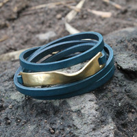 Thin teal leather multi wrap bracelet with antique brass wavy detail
