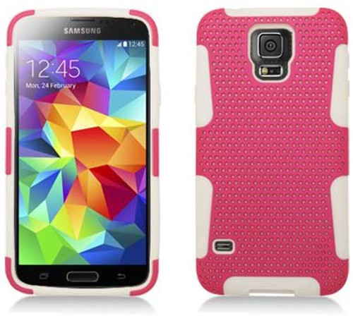 AIMO Hybrid Gummy Mesh Case for Samsung Galaxy S5 - White/Hot Pink