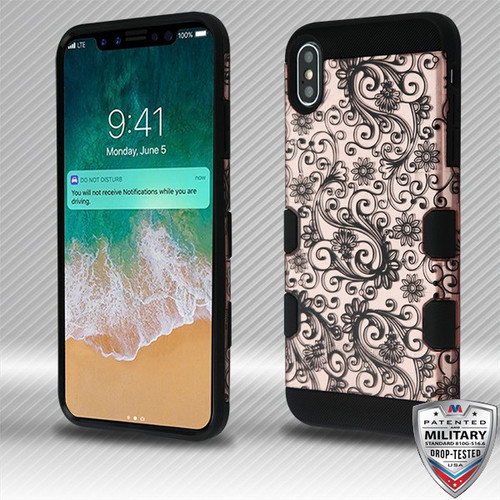 MYBAT Black Four-Leaf Clover (2D Rose Gold)/Black TUFF Trooper Hybrid Protector Cover for iPhone XS Max
