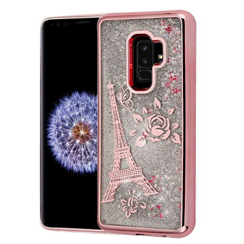 Rose Gold Electroplating/Eiffel Tower/Silver Quicksand Glitter Hybrid Case for Galaxy S9 Plus