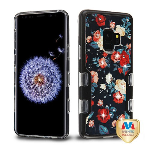 MYBAT Metallic Black/Red and White Roses Diamante TUFF Panoview Hybrid Case for Galaxy S9