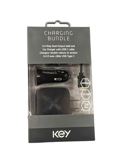 Key Type C Charging Bundle 3.4A Dual Output Wall & Car Charger with USB-C Cable - Black