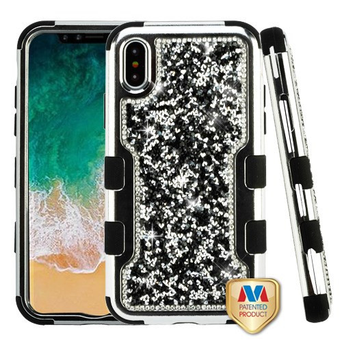 MYBAT Silver Plating Frame+Black Mini Crystals Back/Black TUFF Vivid Hybrid Protector Cover for iPhone XS/X