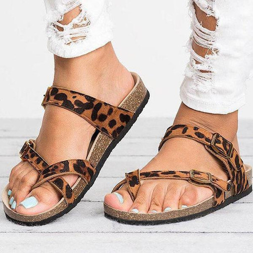 Floralmoda Leather Strap Buckle Flats Sandals - Leopard - Size Euro 39
